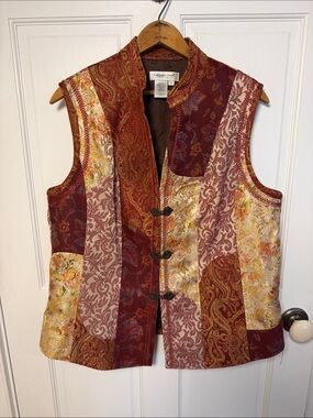 Coldwater Creek Patchwork Brocade Vest — Burgundy, Gold & Cream Jacquard Brocade